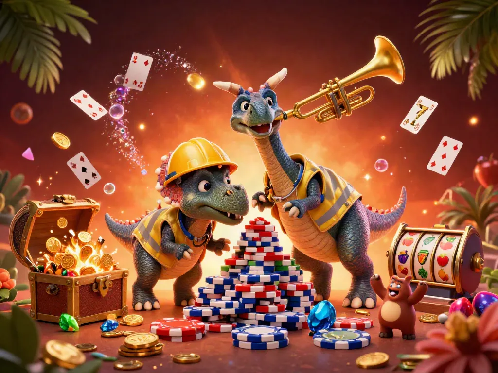 Celebrate wins with playful characters in a vibrant casino-themed illustration at adriaenblocknyc, showcasing poker chips and slot symbols.