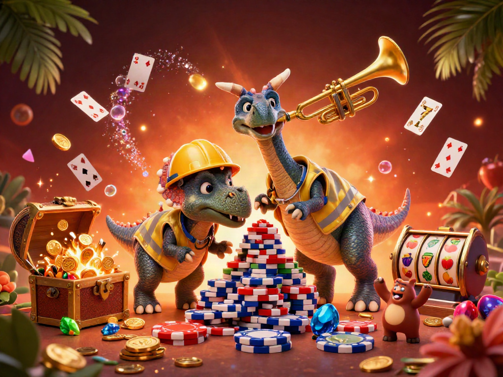 Celebrate wins with playful characters in a vibrant casino-themed illustration at adriaenblocknyc, showcasing poker chips and slot symbols.