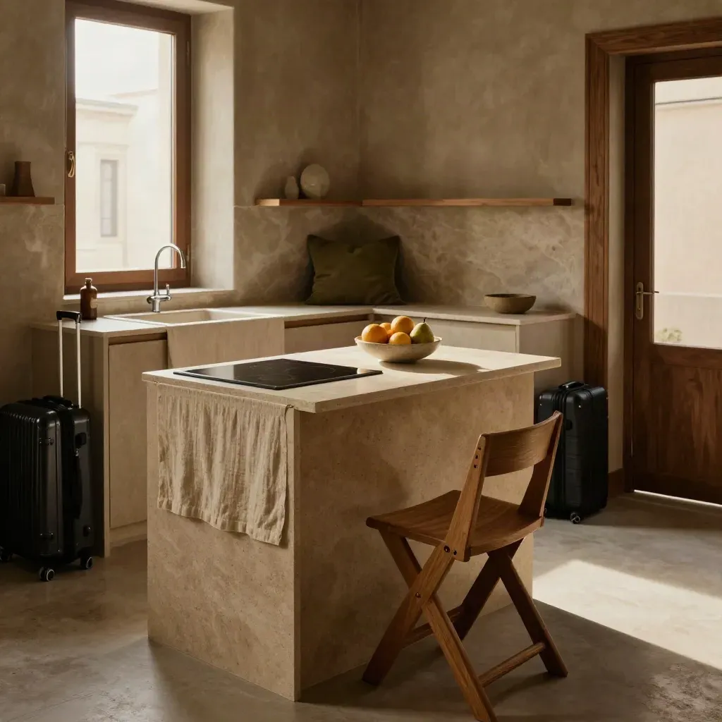 Cucina-living di appartamento breve con valigia, frutta, sedia piegata e luce calda alla finestra.
