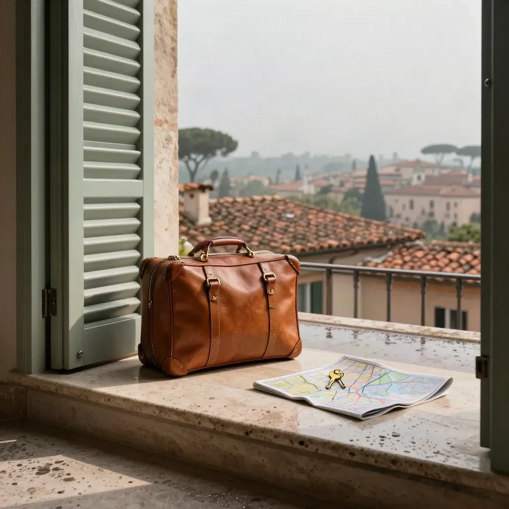Suite romana con balcone in travertino, valigia in pelle e tetti bagnati all’alba.