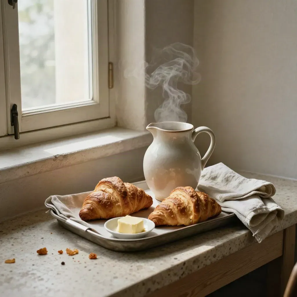 Angolo colazione con brocca in ceramica, croissant e vapore su mensola chiara.