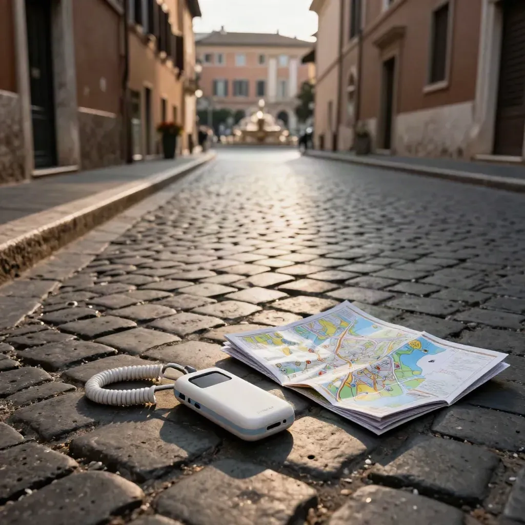 Percorso guidato a Roma con audio-guide, mappa piegata e sampietrini assolati verso la piazza.