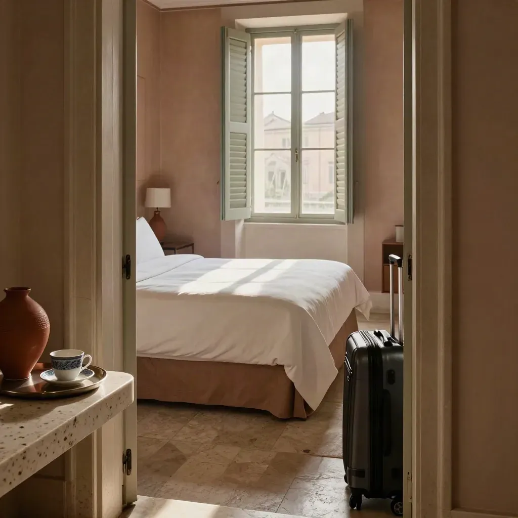 Camera d’hotel romana luminosa con letto rifatto, vassoio caffè e trolley vicino alla porta.