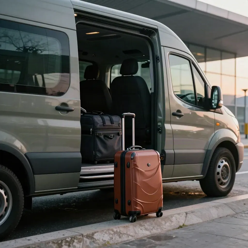 Van navetta aeroporto con trolley in attesa al marciapiede, nella luce dell’alba.