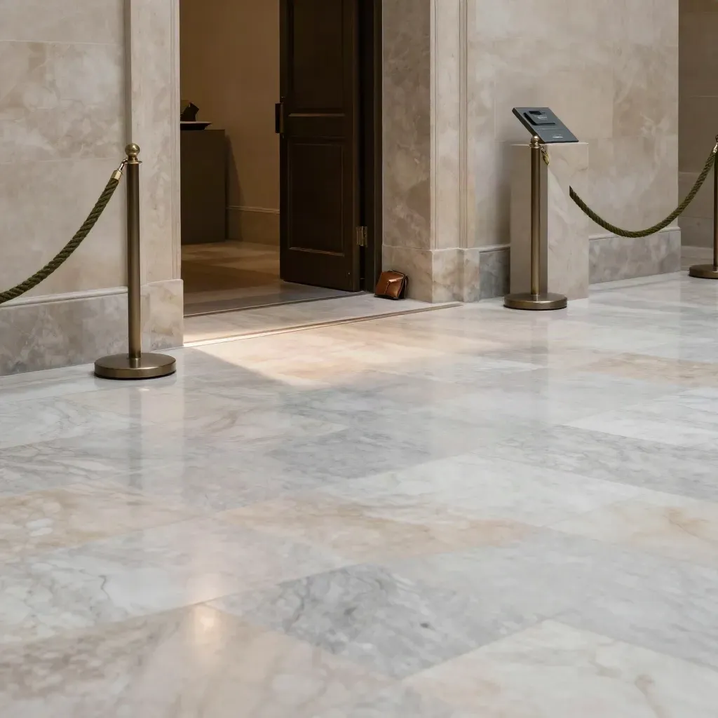 Ingresso di museo elegante con tornelli, pavimento in marmo e accessori per biglietti