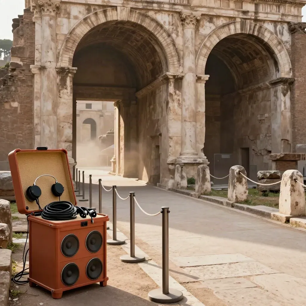 Passaggio guidato vuoto ai Fori Romani con audio receiver e archi antichi