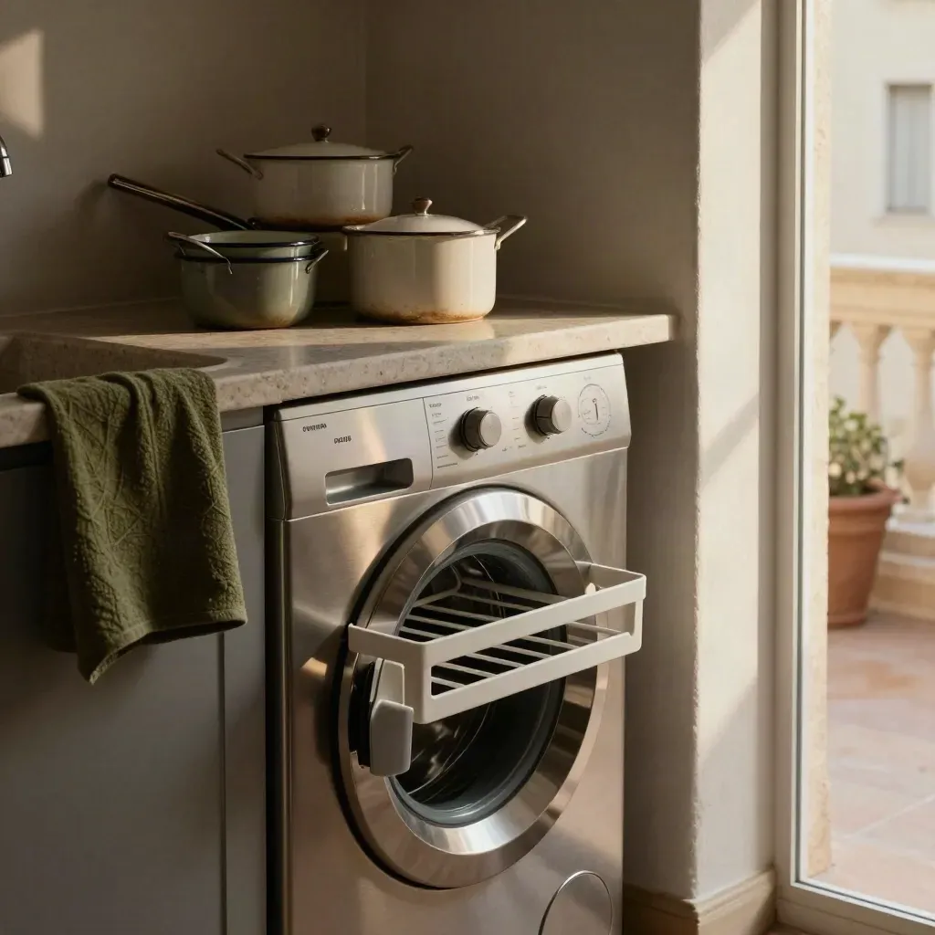 Cucina a Trastevere con lavatrice, stendino e luce calda del terrazzo