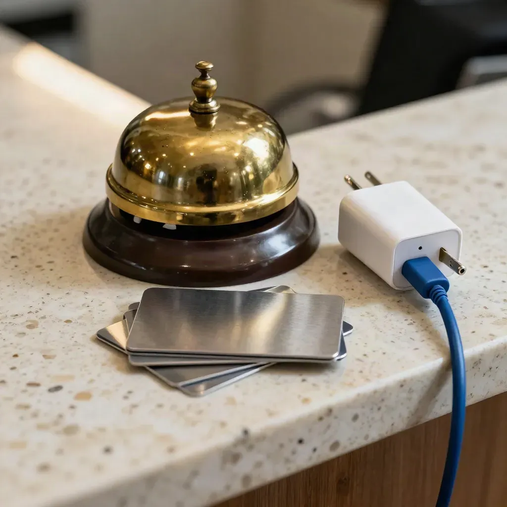 Campanello in ottone, keycard hotel e caricatore su travertino, luce morbida.