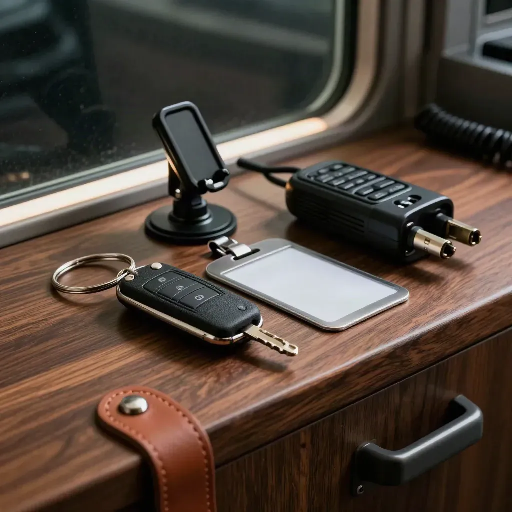 Portachiavi van, supporto GPS, clip badge e culla radio su legno scuro, luce drammatica.