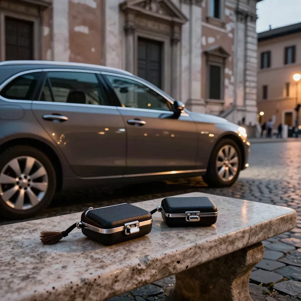 Piazza romana al tramonto con auto transfer, facciata museale e due custodie audio su una panca.