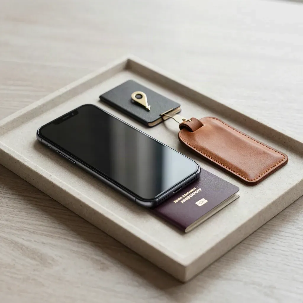 Smartphone, passaporto, targhetta bagaglio e pin su vassoio di pietra, luce morbida.
