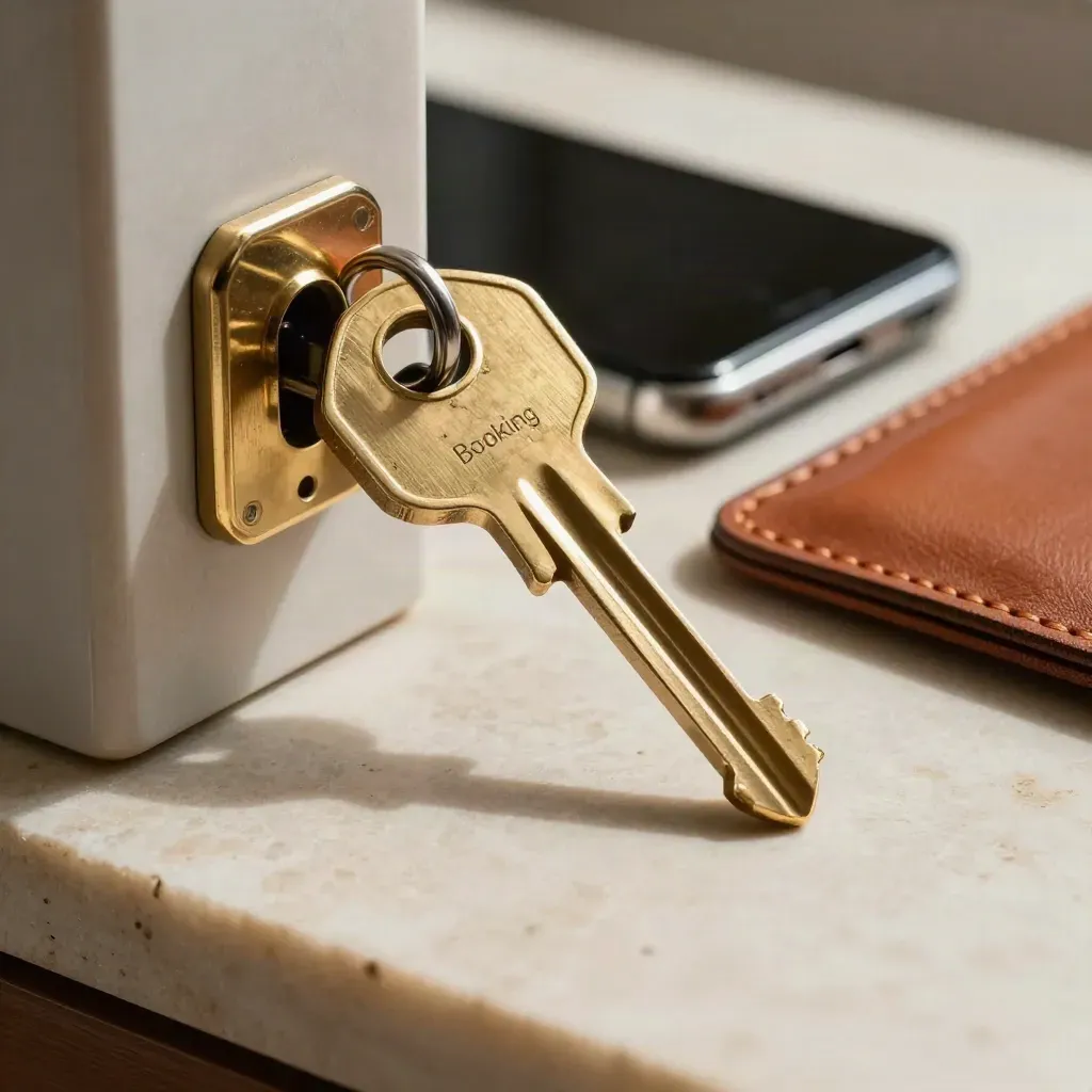 Chiave in ottone in una serratura accanto a smartphone e portacarte in pelle terracotta.