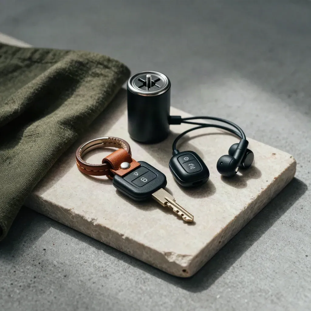 Kit di assistenza viaggio con chiave, telecomando auto, caricatore e auricolare su vassoio di pietra.