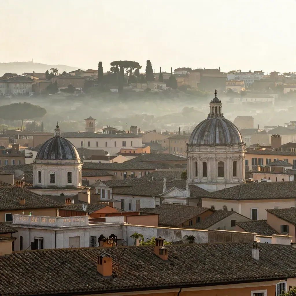 Panorama di Roma all’alba con tetti terracotta, cupole e terrazze in travertino nella foschia.