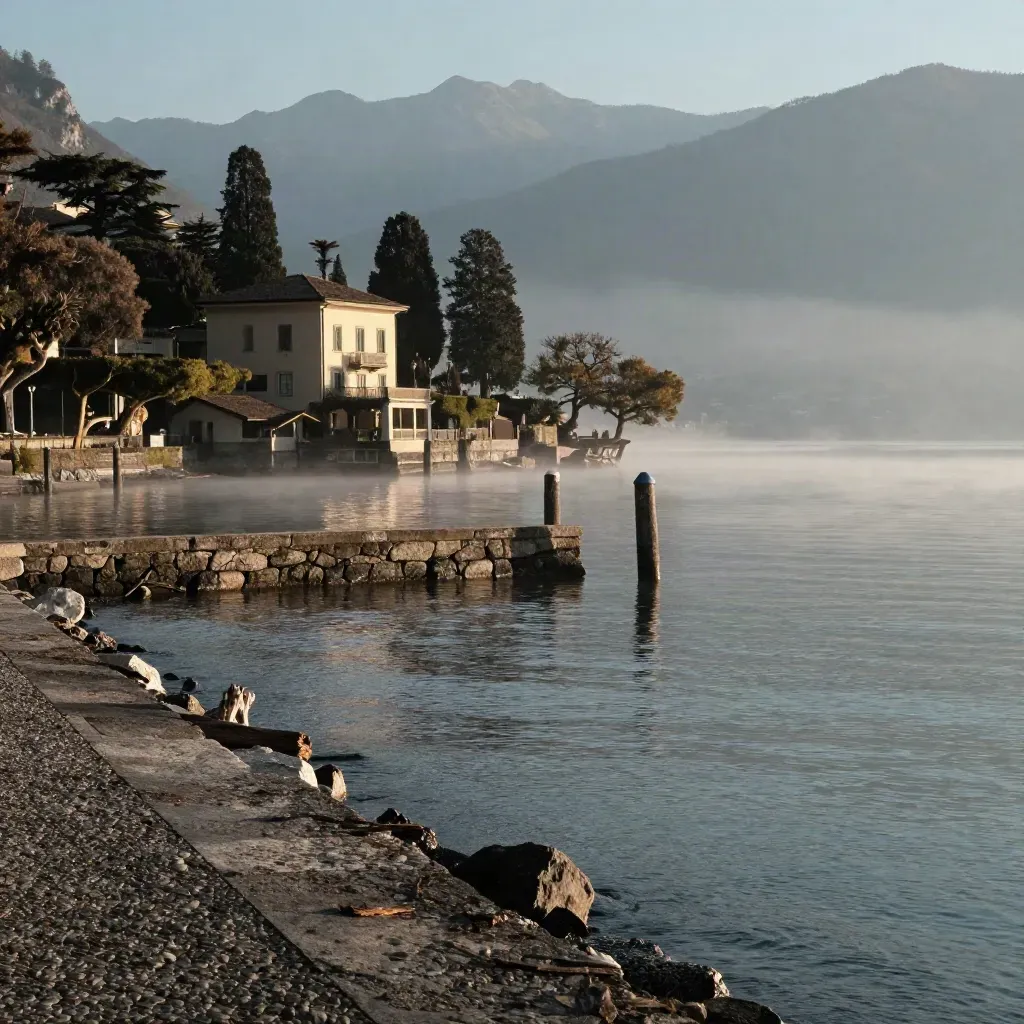 Lago di Como all’alba con acqua ferma, montagne velate e molo in pietra