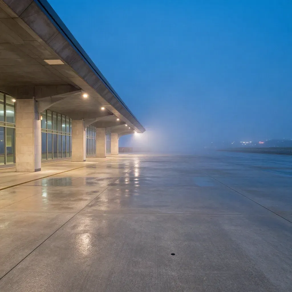 Terminal aeroportuale al crepuscolo con luci pista nella nebbia e cemento riflettente.